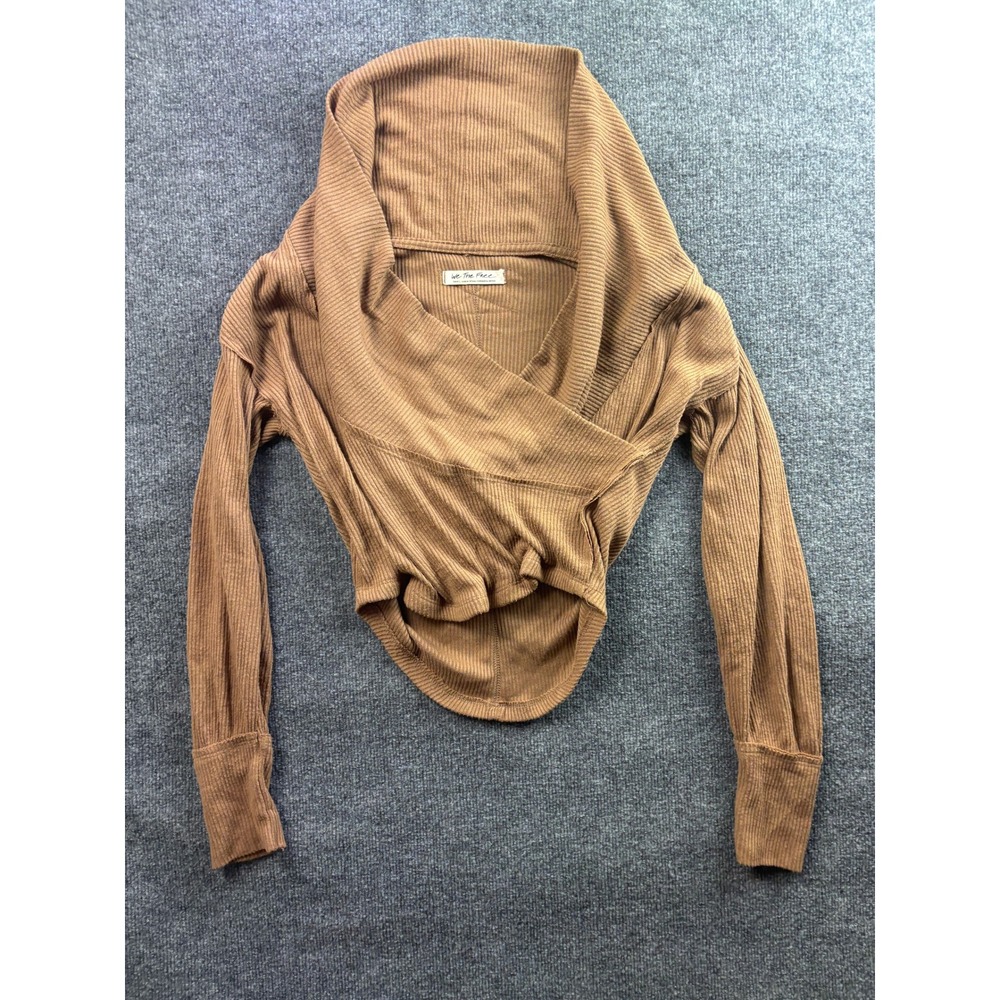 Free People Top Womens Small Brown Ribbed Knit Wrap Cowl Neck Long Sleeve